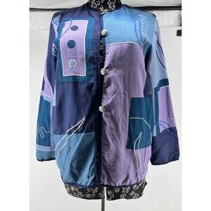 VTG Allure Patchwork Jacket Embroidered Button Front Artsy Unique Blue Purple S‎